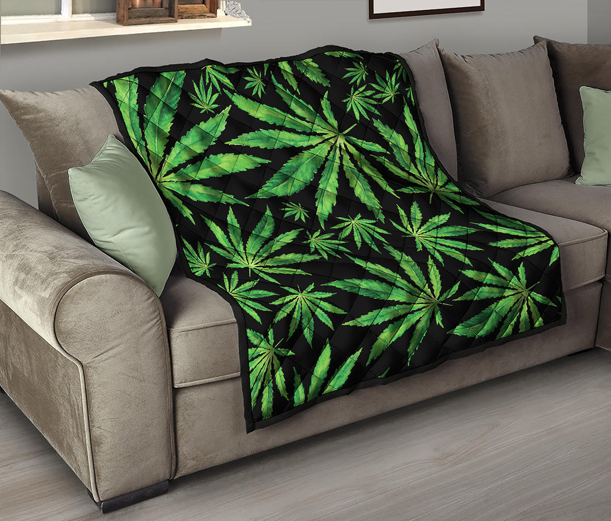 Watercolor Marijuana Leaf Pattern Print Quilt