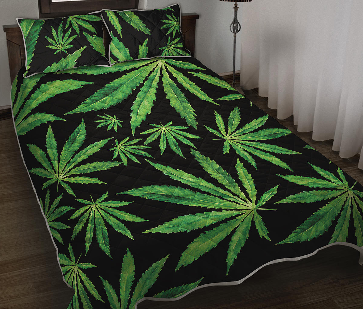 Watercolor Marijuana Leaf Pattern Print Quilt Bed Set