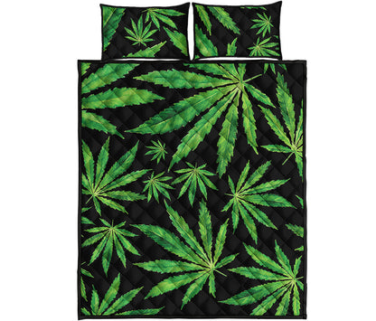 Watercolor Marijuana Leaf Pattern Print Quilt Bed Set