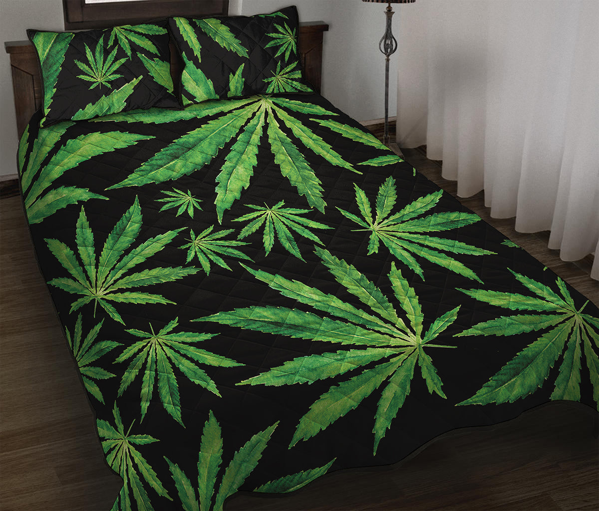 Watercolor Marijuana Leaf Pattern Print Quilt Bed Set