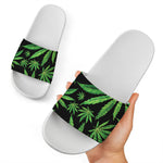 Watercolor Marijuana Leaf Pattern Print White Slide Sandals