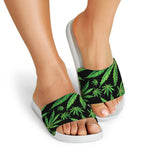 Watercolor Marijuana Leaf Pattern Print White Slide Sandals