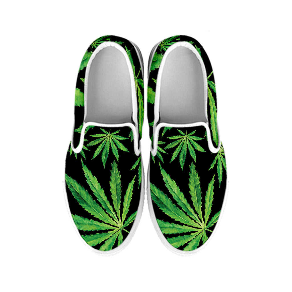 Watercolor Marijuana Leaf Pattern Print White Slip On Shoes