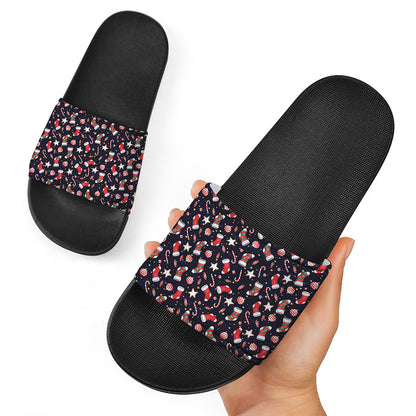 Watercolor Merry Christmas Pattern Print Black Slide Sandals