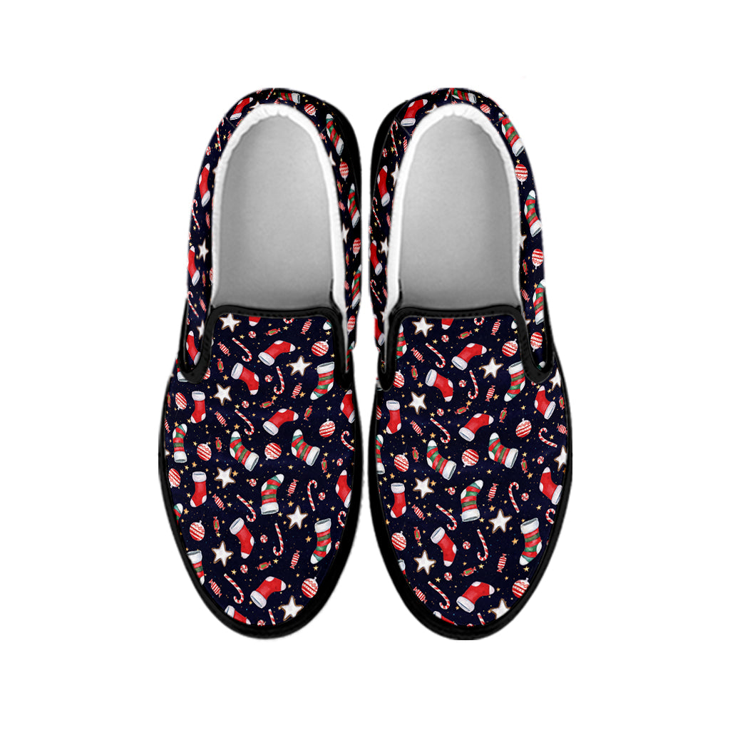 Watercolor Merry Christmas Pattern Print Black Slip On Shoes
