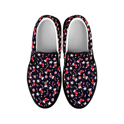 Watercolor Merry Christmas Pattern Print Black Slip On Shoes