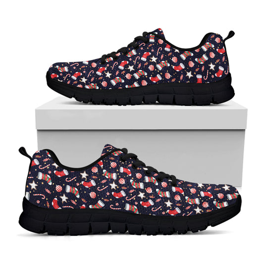 Watercolor Merry Christmas Pattern Print Black Sneakers