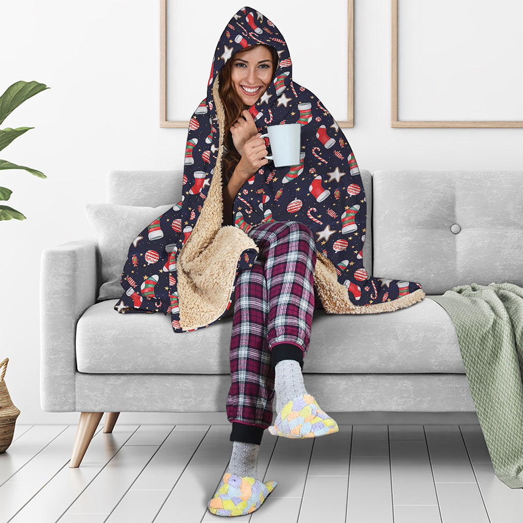 Watercolor Merry Christmas Pattern Print Hooded Blanket
