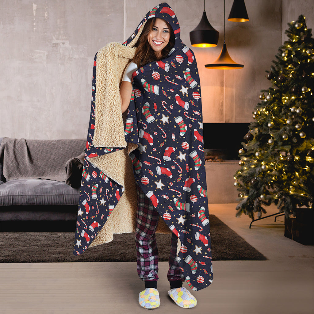 Watercolor Merry Christmas Pattern Print Hooded Blanket