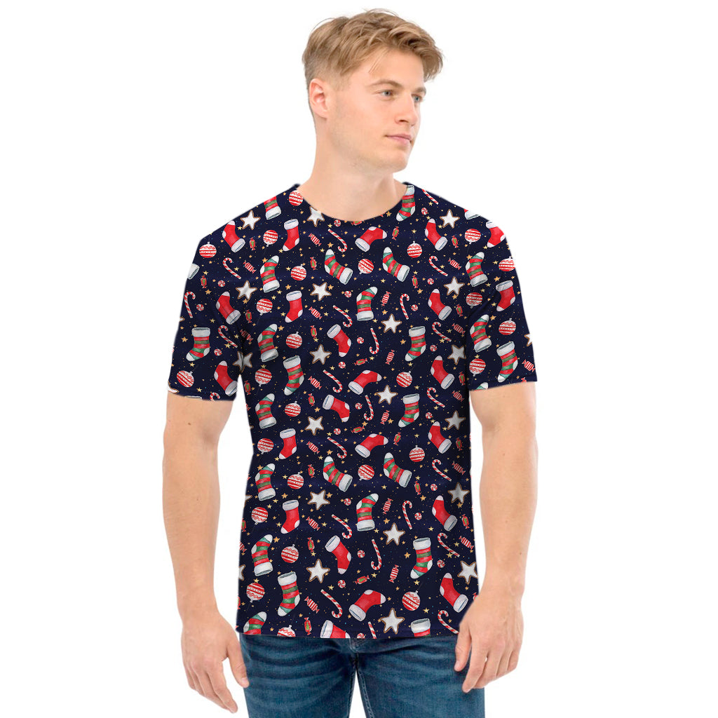 Watercolor Merry Christmas Pattern Print Men's T-Shirt