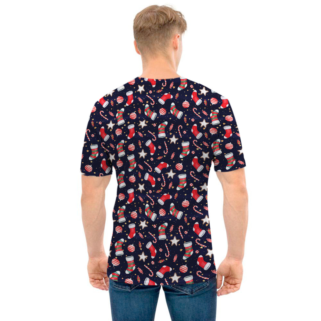 Watercolor Merry Christmas Pattern Print Men's T-Shirt