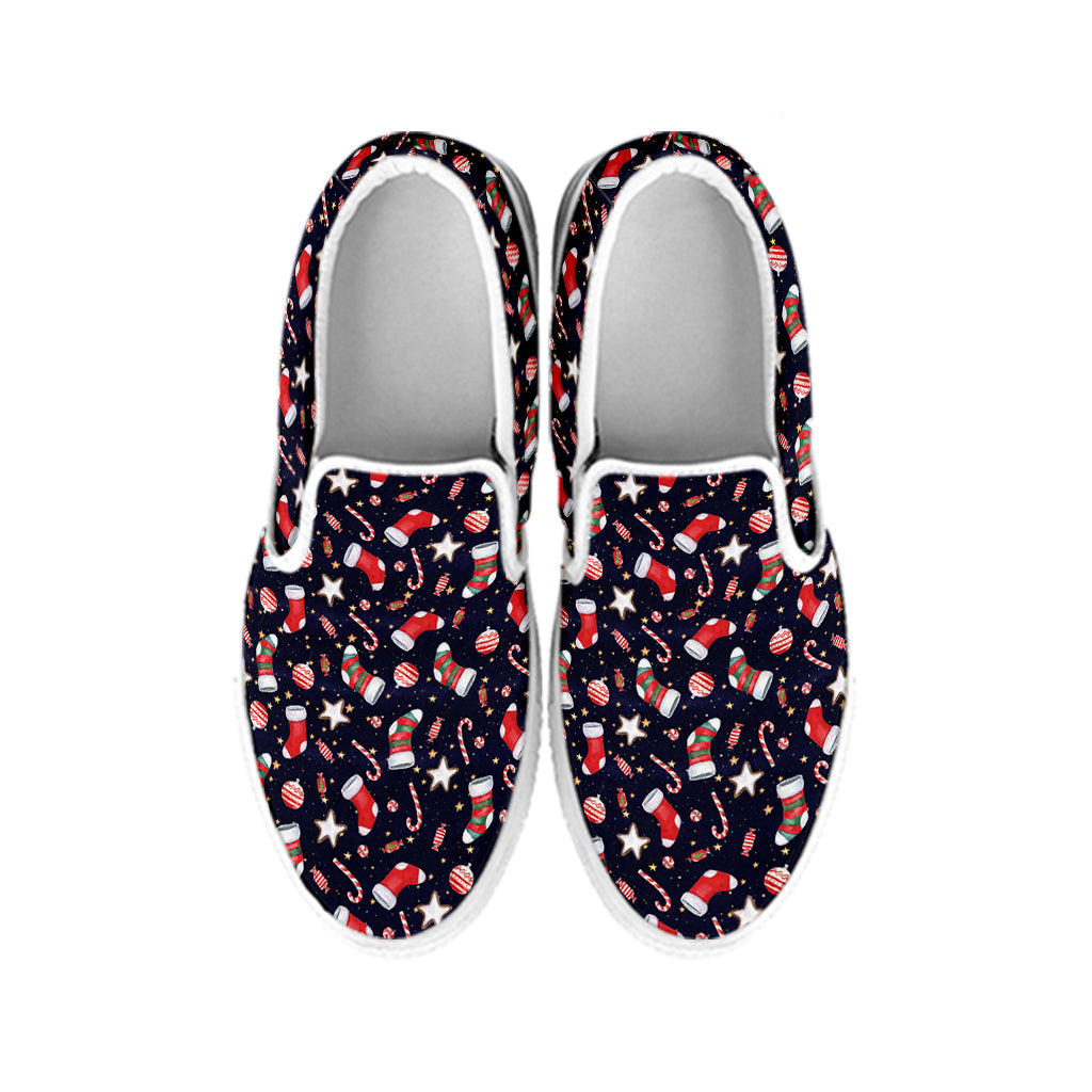 Watercolor Merry Christmas Pattern Print White Slip On Shoes