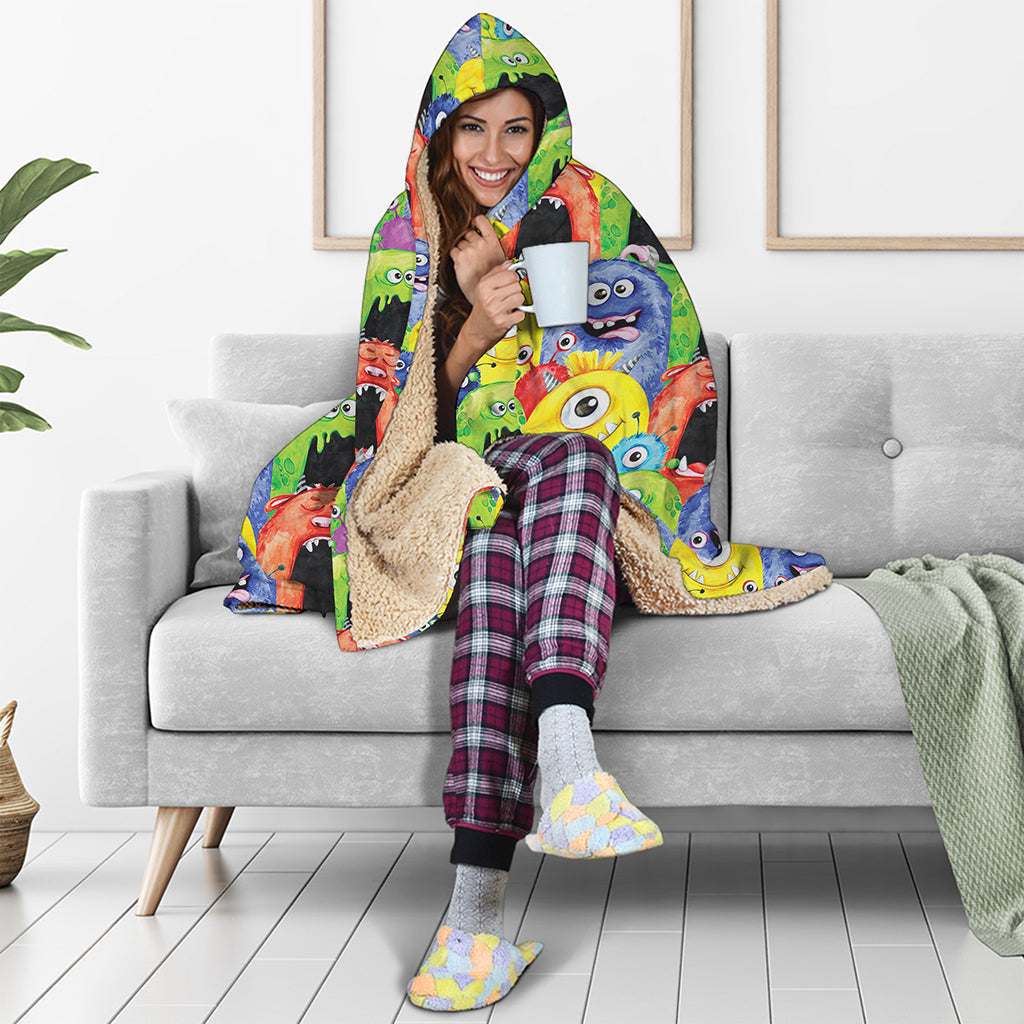Watercolor Monster Pattern Print Hooded Blanket