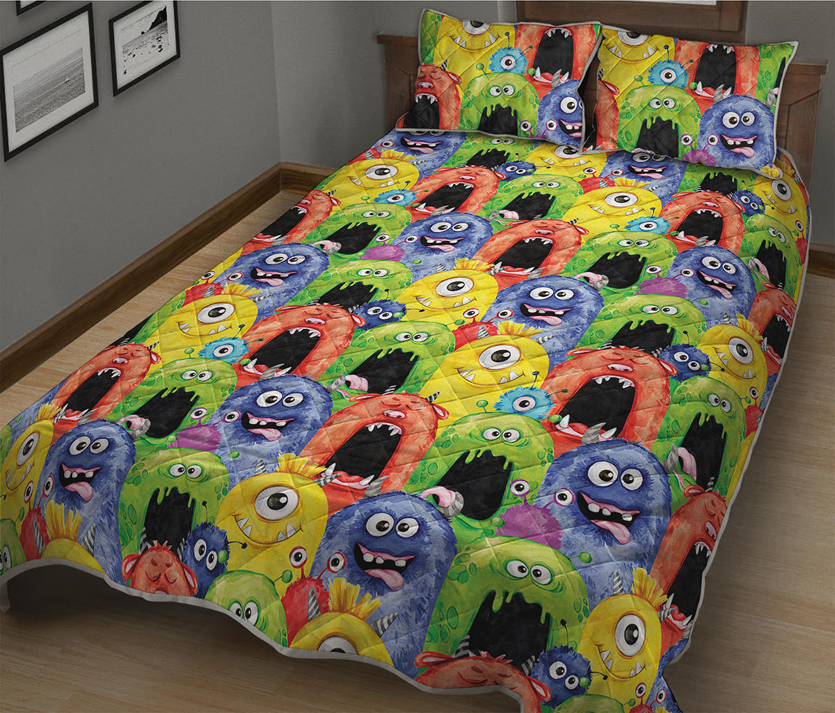Watercolor Monster Pattern Print Quilt Bed Set