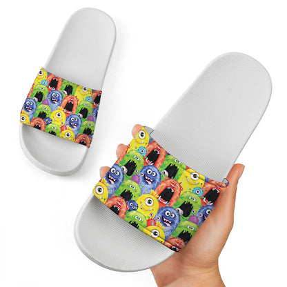 Watercolor Monster Pattern Print White Slide Sandals