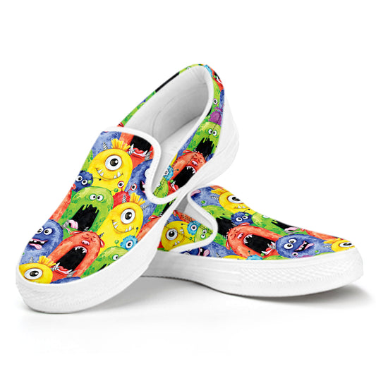 Watercolor Monster Pattern Print White Slip On Shoes