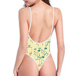 Watercolor Music Notes Pattern Print One Piece High Cut Swimsuit