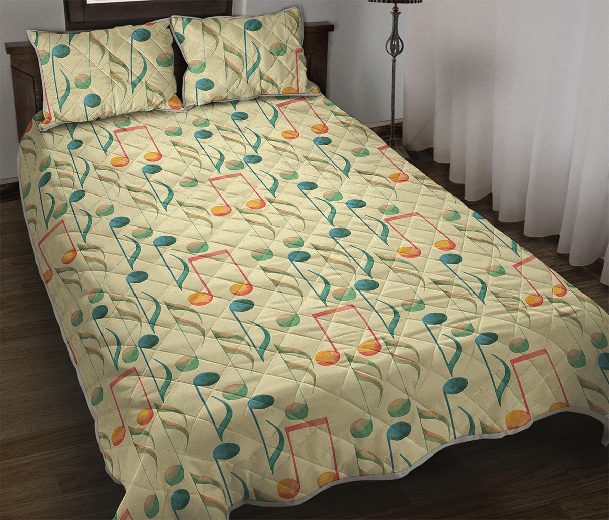 Watercolor Music Notes Pattern Print Quilt Bed Set