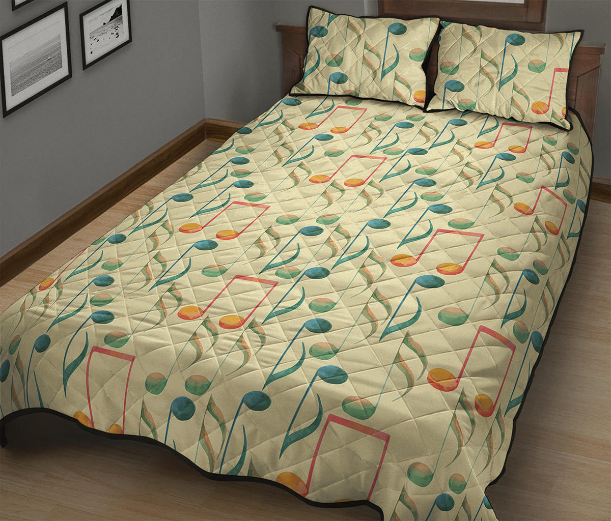 Watercolor Music Notes Pattern Print Quilt Bed Set