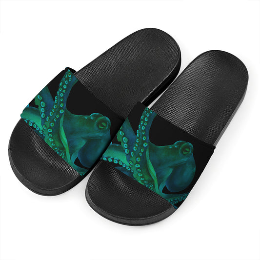 Watercolor Octopus Print Black Slide Sandals