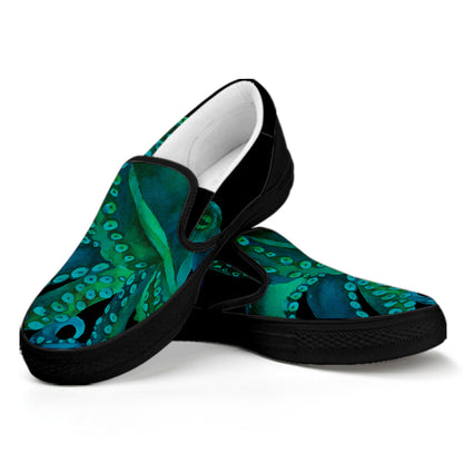 Watercolor Octopus Print Black Slip On Shoes