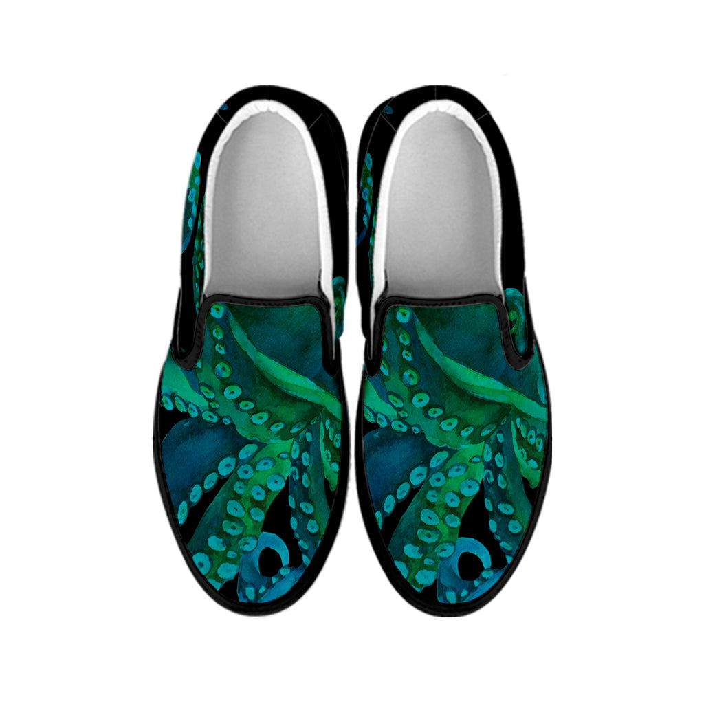Watercolor Octopus Print Black Slip On Shoes