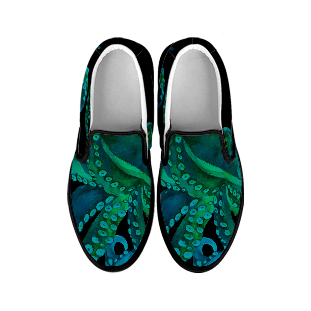 Watercolor Octopus Print Black Slip On Shoes