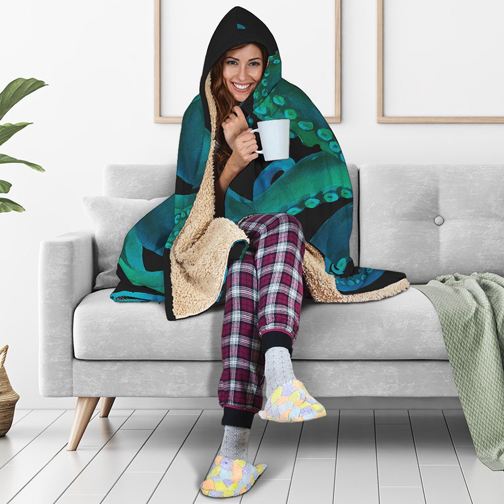 Watercolor Octopus Print Hooded Blanket