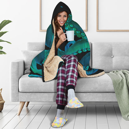 Watercolor Octopus Print Hooded Blanket