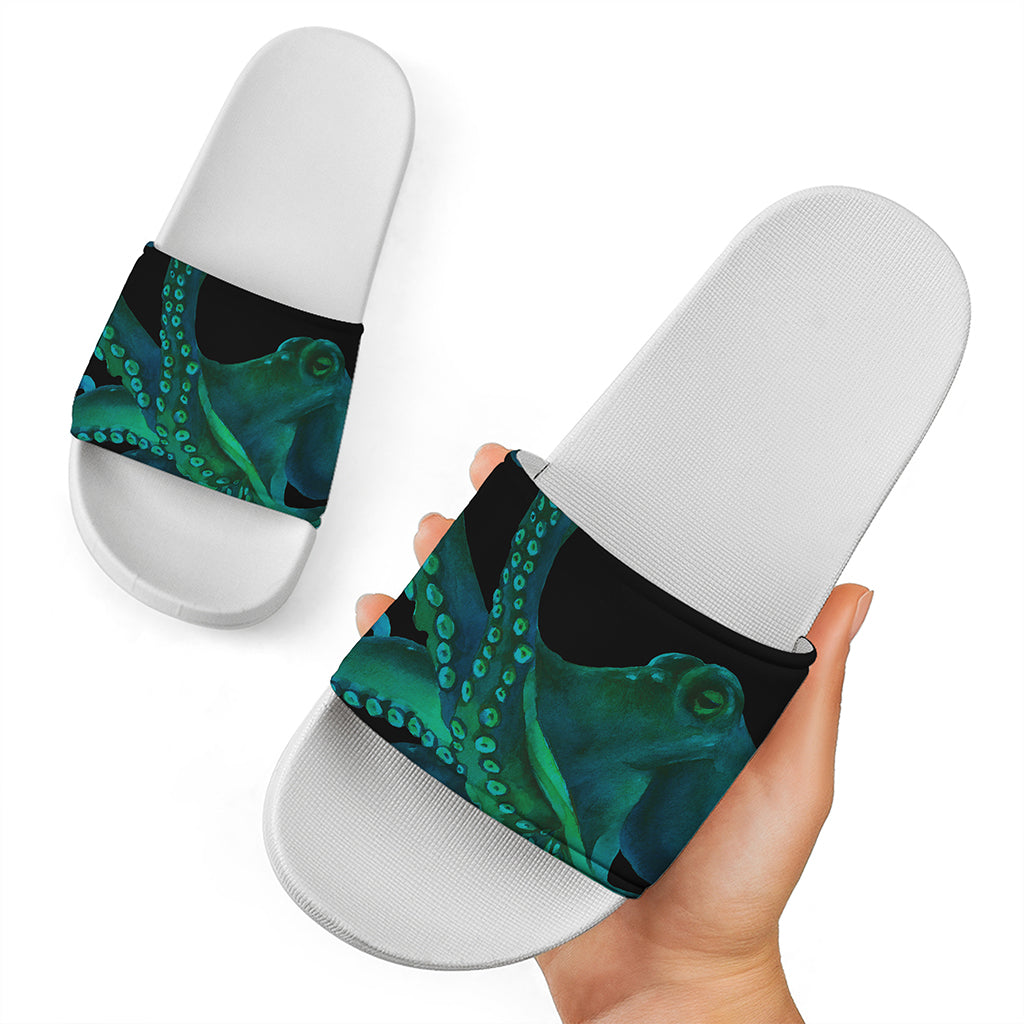 Watercolor Octopus Print White Slide Sandals