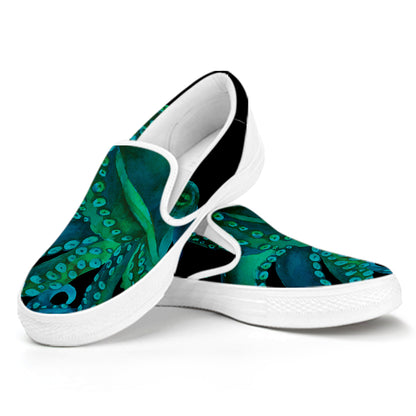 Watercolor Octopus Print White Slip On Shoes