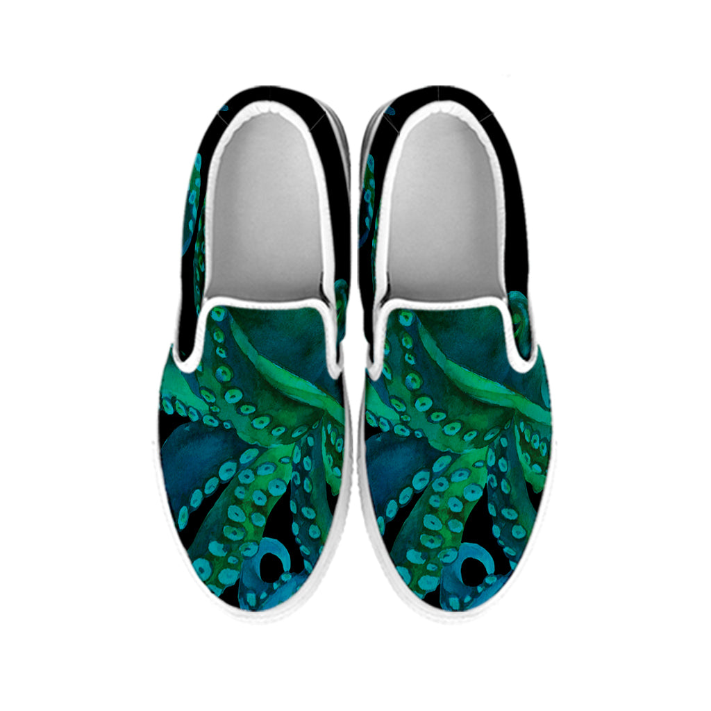 Watercolor Octopus Print White Slip On Shoes