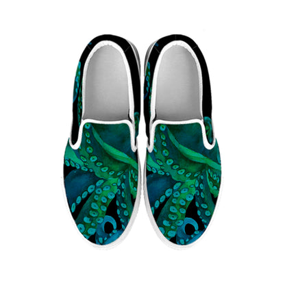 Watercolor Octopus Print White Slip On Shoes