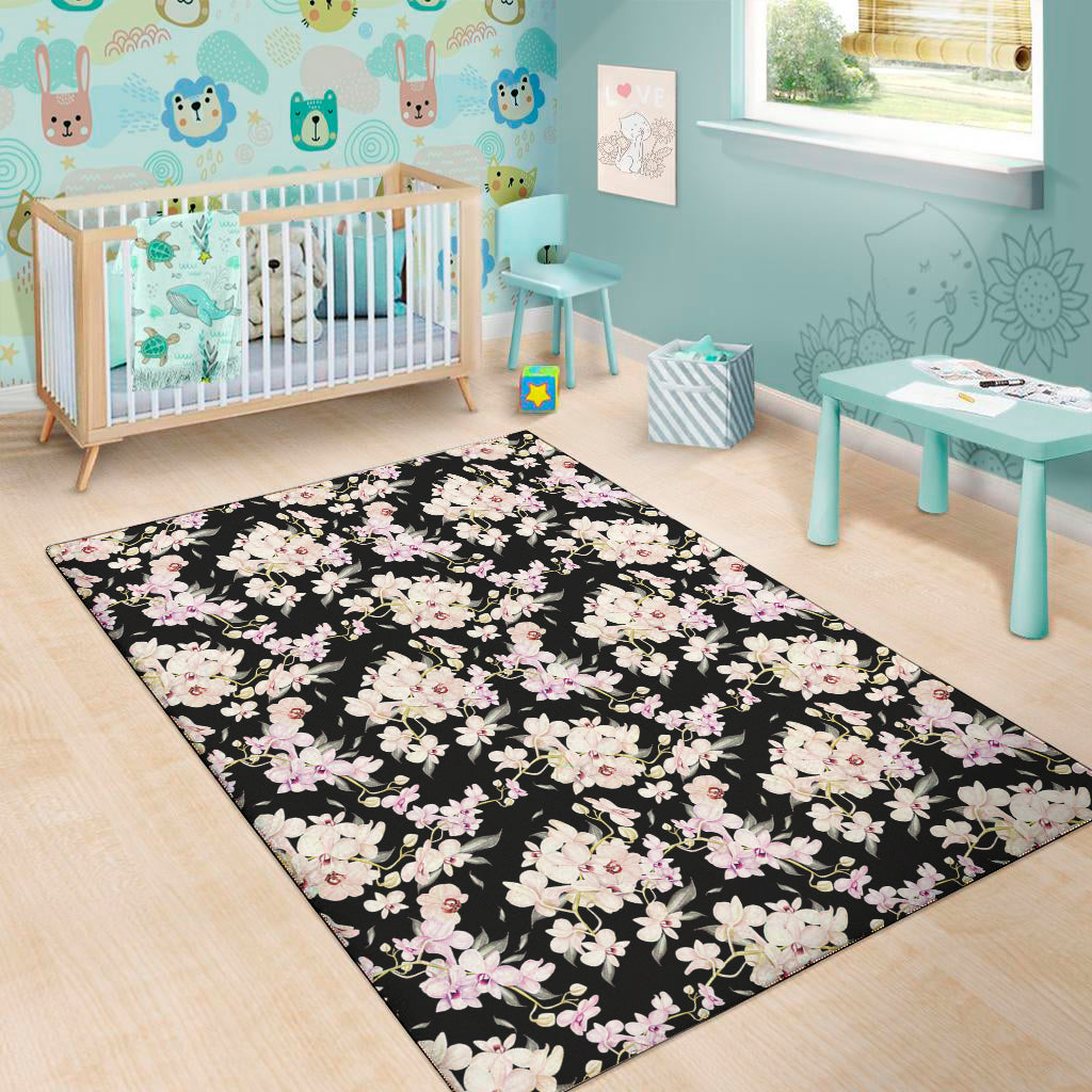 Watercolor Orchid Flower Pattern Print Area Rug