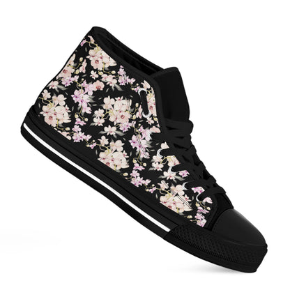 Watercolor Orchid Flower Pattern Print Black High Top Shoes