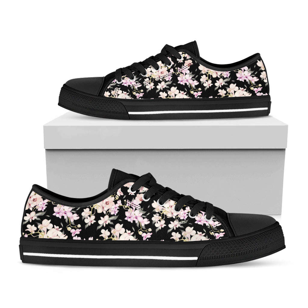 Watercolor Orchid Flower Pattern Print Black Low Top Shoes