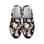 Watercolor Orchid Flower Pattern Print Black Slip On Shoes