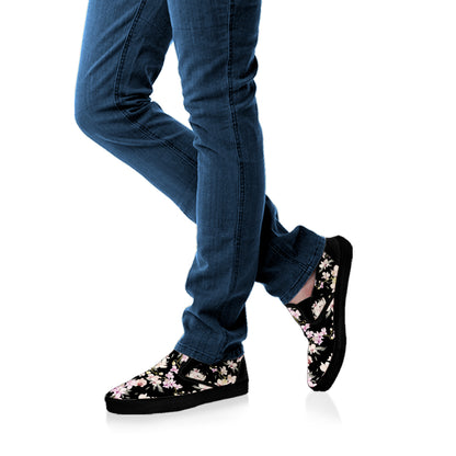Watercolor Orchid Flower Pattern Print Black Slip On Shoes