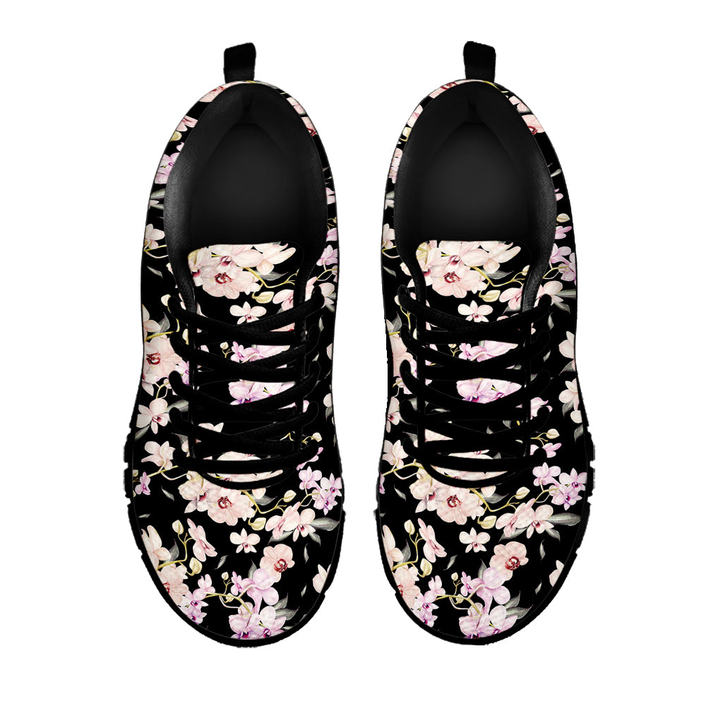 Watercolor Orchid Flower Pattern Print Black Sneakers
