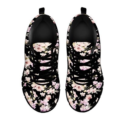 Watercolor Orchid Flower Pattern Print Black Sneakers