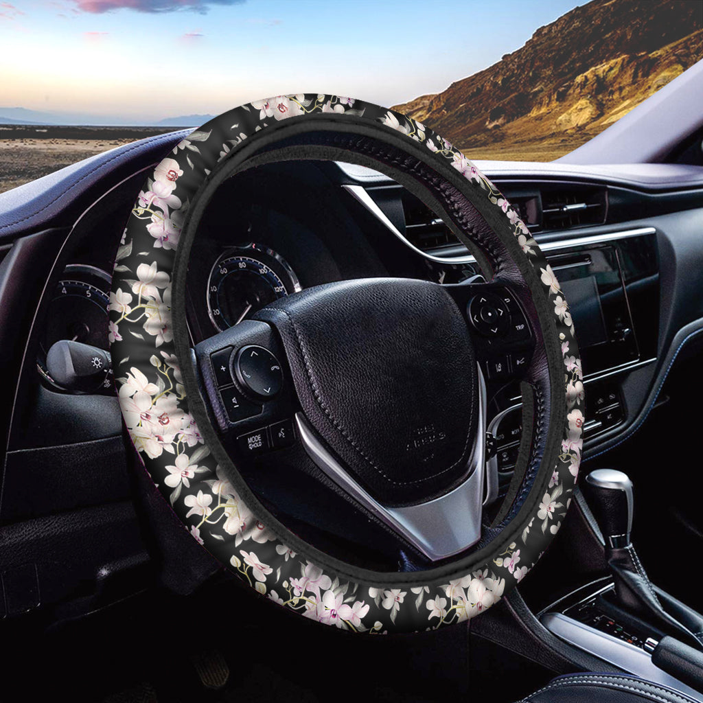 Watercolor Orchid Flower Pattern Print Car Steering Wheel Cover