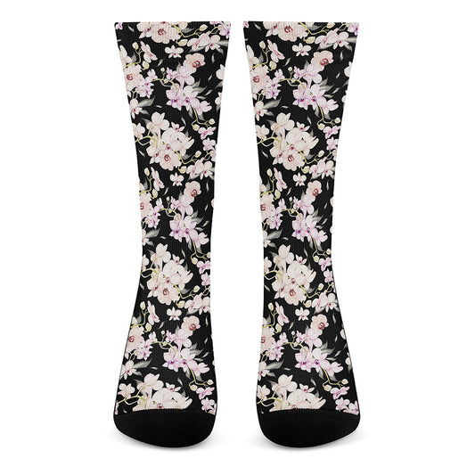 Watercolor Orchid Flower Pattern Print Crew Socks