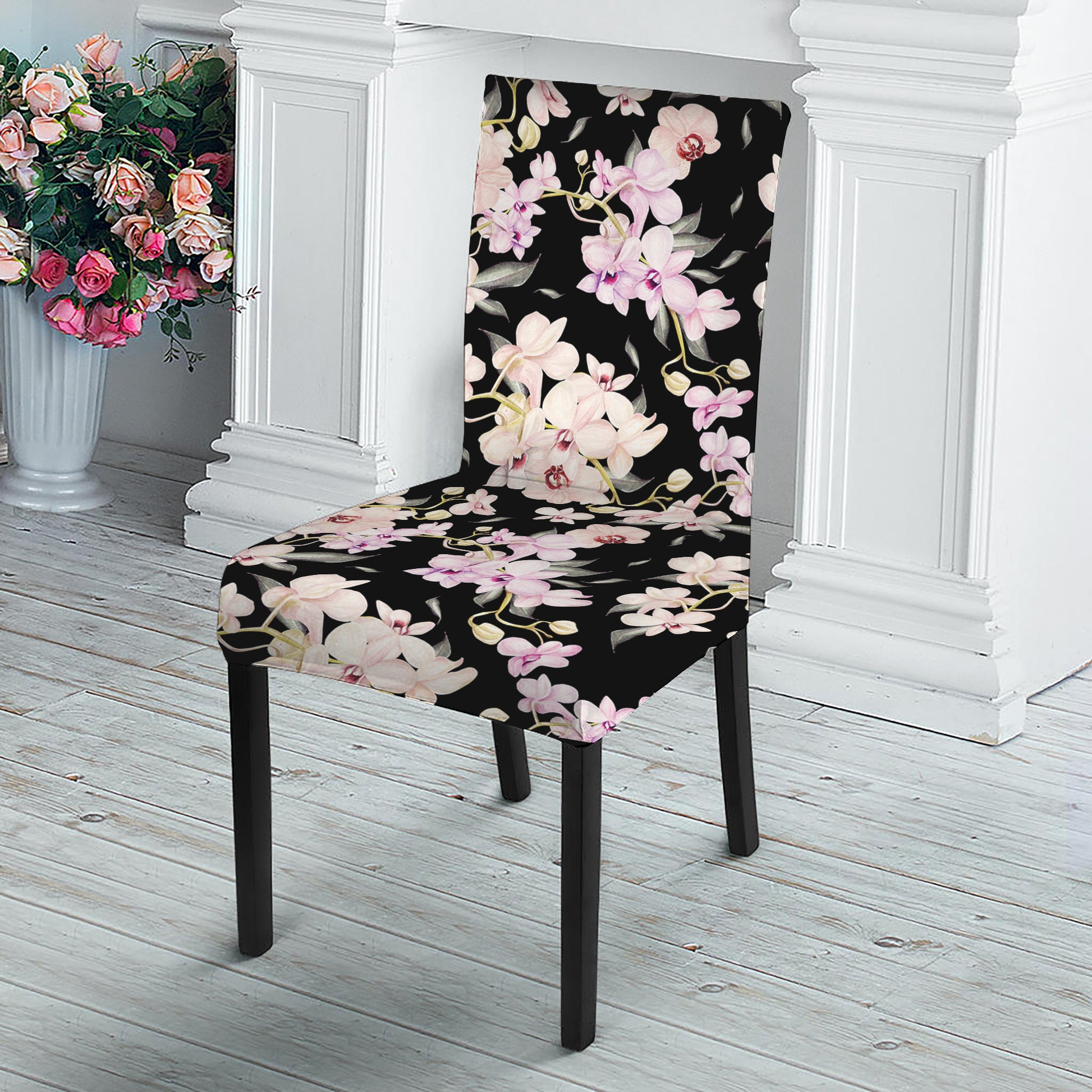Watercolor Orchid Flower Pattern Print Dining Chair Slipcover
