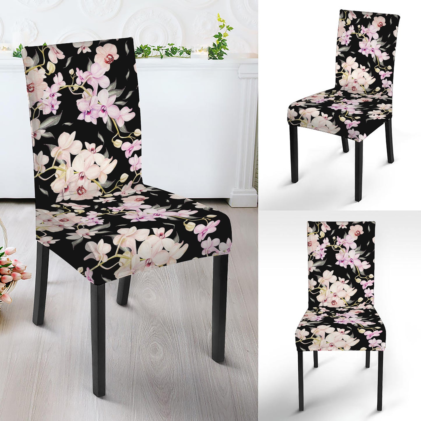 Watercolor Orchid Flower Pattern Print Dining Chair Slipcover