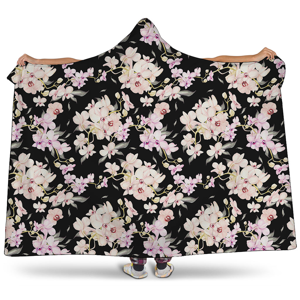 Watercolor Orchid Flower Pattern Print Hooded Blanket