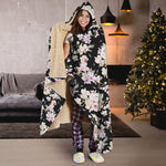 Watercolor Orchid Flower Pattern Print Hooded Blanket