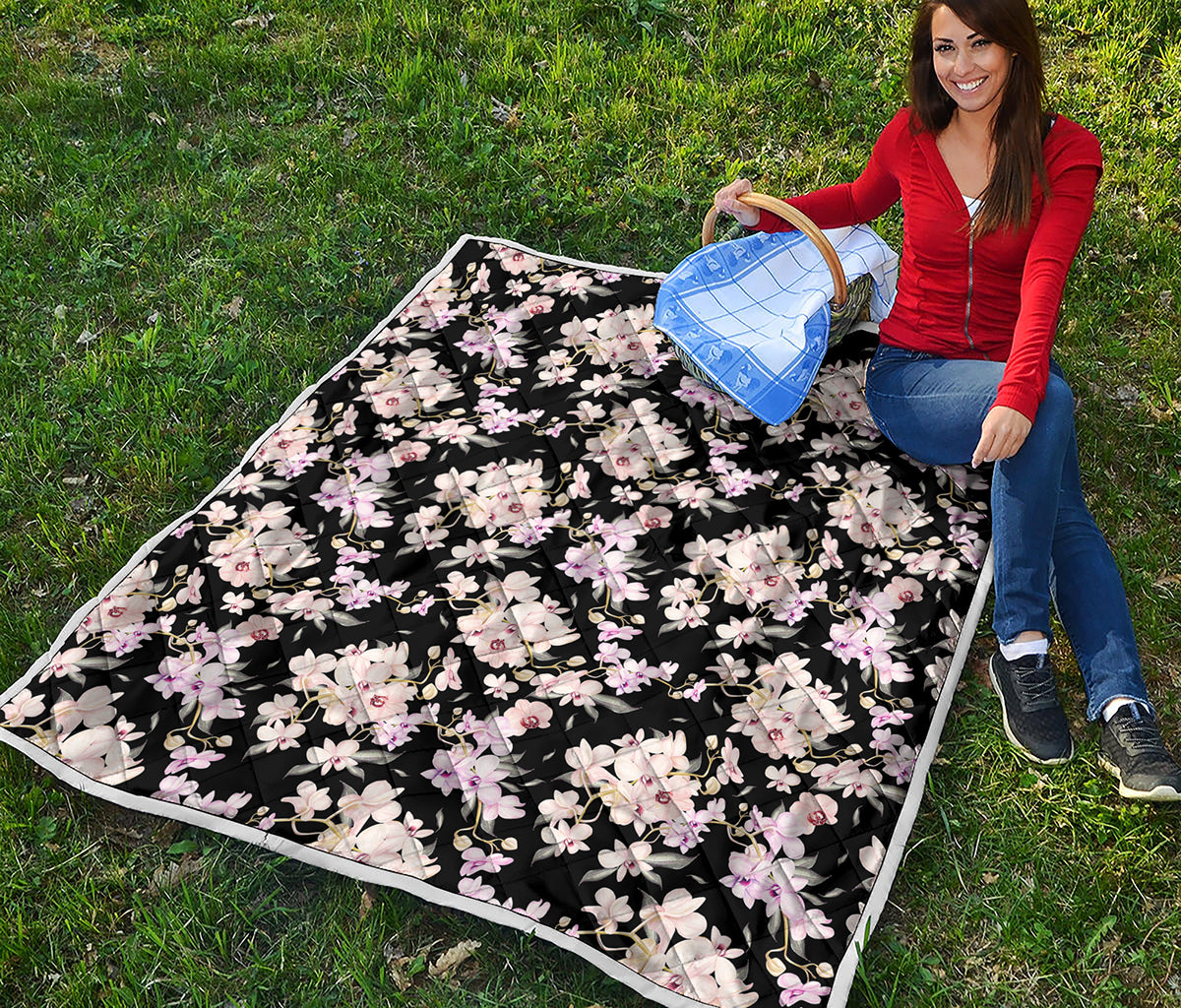 Watercolor Orchid Flower Pattern Print Quilt