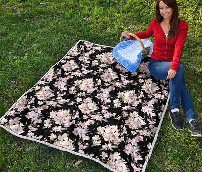 Watercolor Orchid Flower Pattern Print Quilt