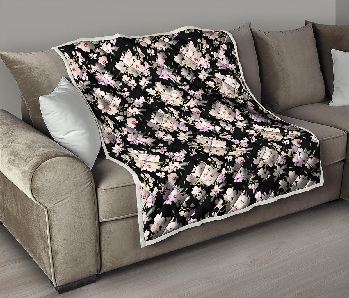 Watercolor Orchid Flower Pattern Print Quilt