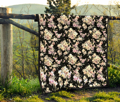 Watercolor Orchid Flower Pattern Print Quilt
